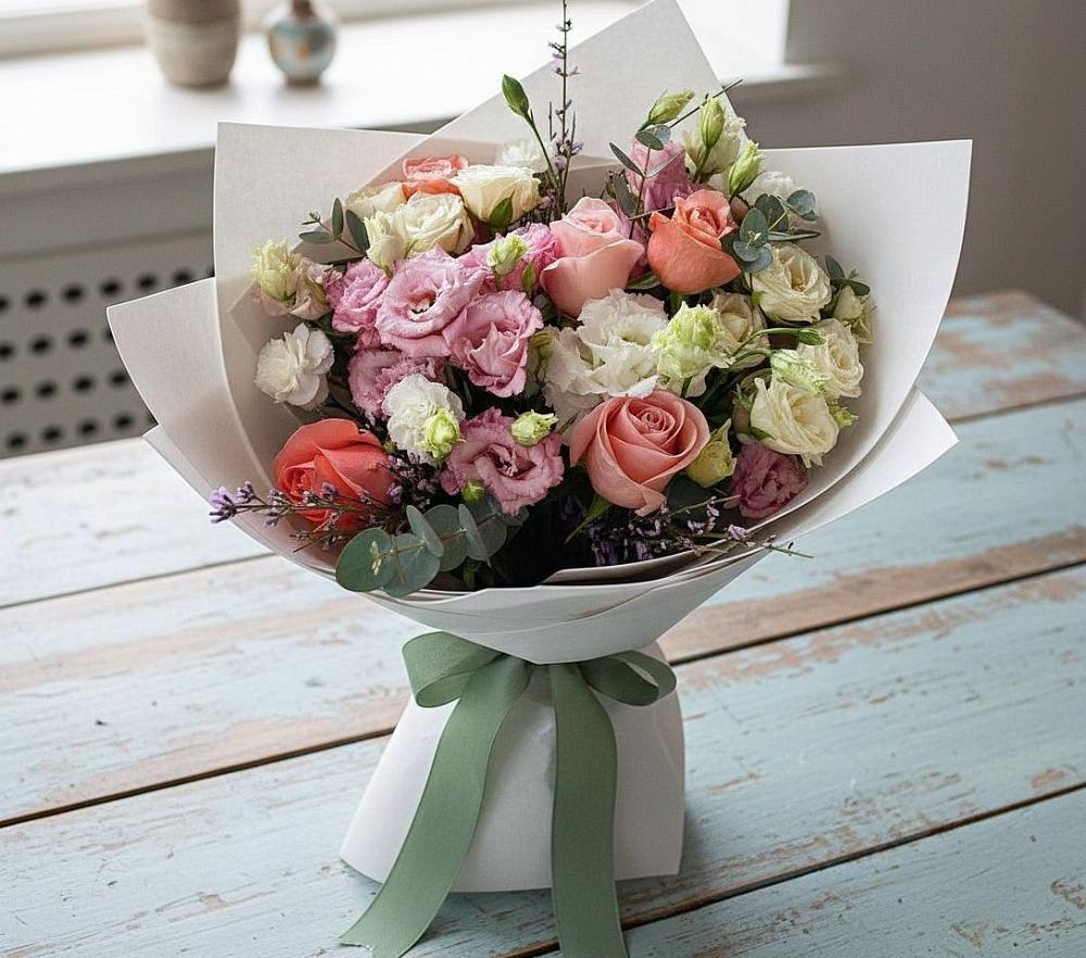 Букет цветов из: Розы, Лизиантусы и Гвоздики в Матвеевом Кургане