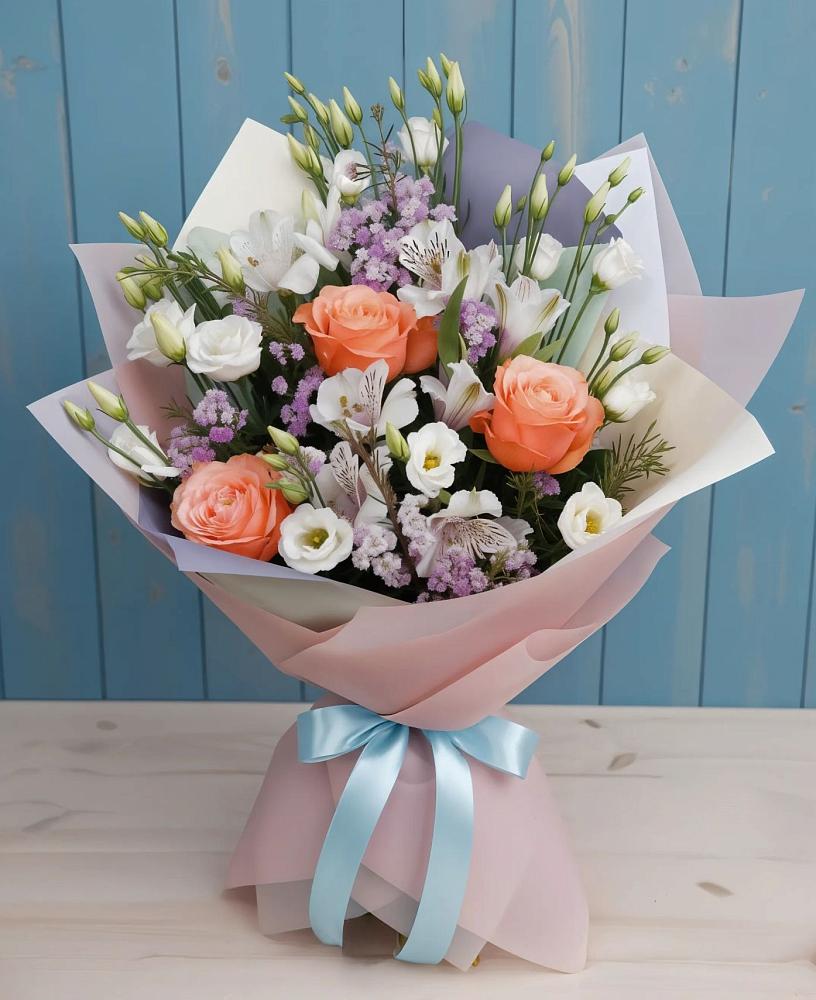 Букет цветов из: Лизиантусы, Розы, Альстромерии и Гипсофила в Матвеевом Кургане