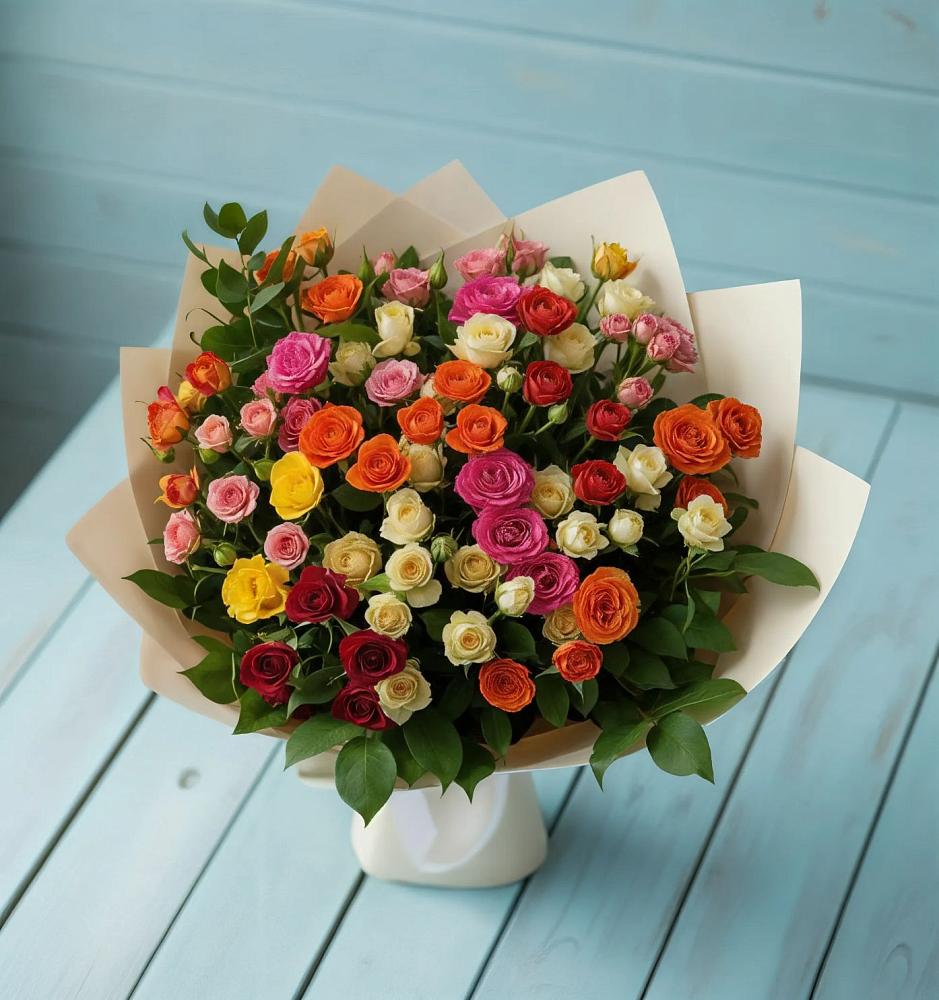 Букет Микс из разноцветных кустовых роз в Матвеевом Кургане