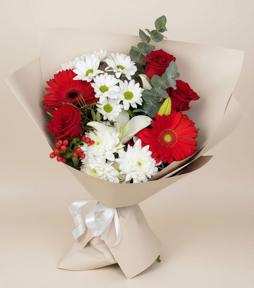 Букет цветов из: Розы, Хризантемы, Герберы и Лилии в Матвеевом Кургане