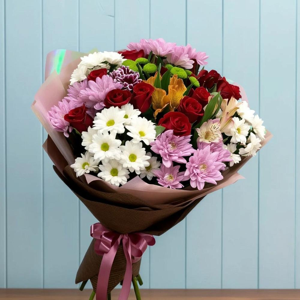Букет цветов из: Розы, Хризантемы и Альстромерии в Матвеевом Кургане