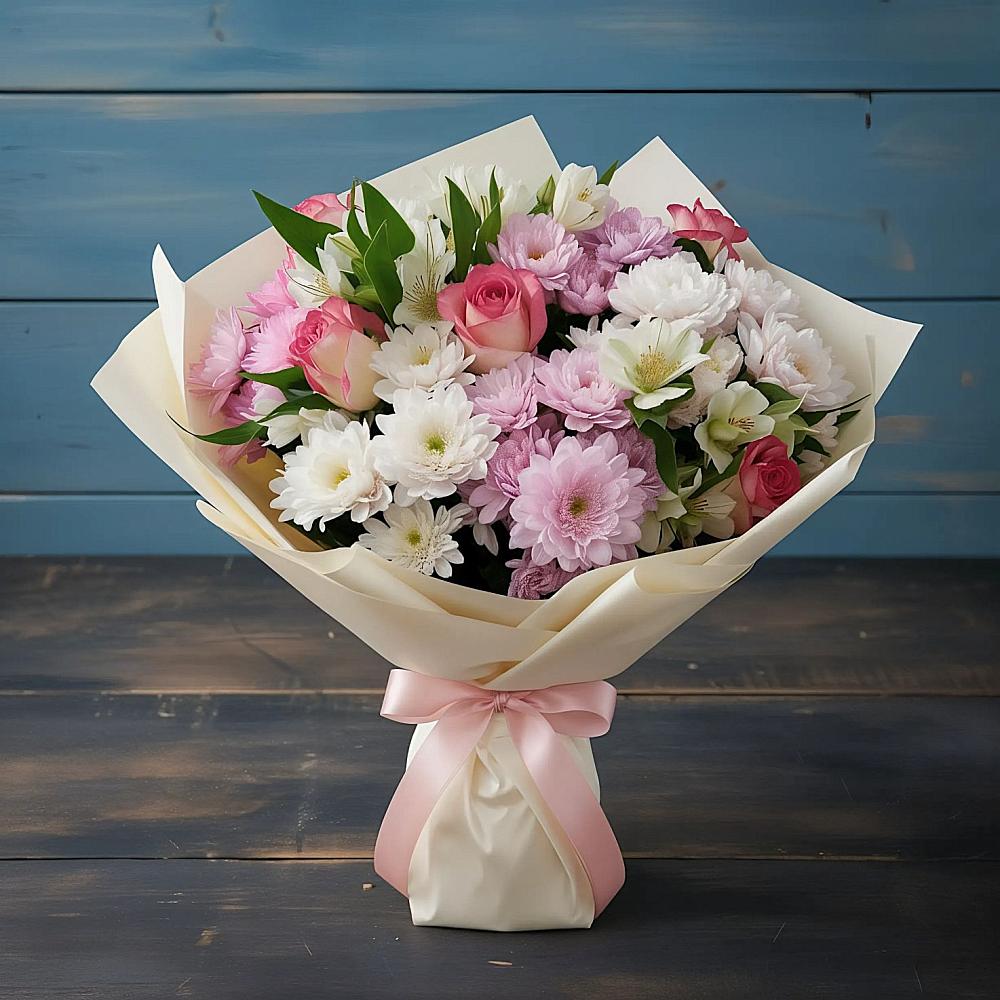 Букет цветов из: Хризантемы, Альстромерии и Розы в Матвеевом Кургане